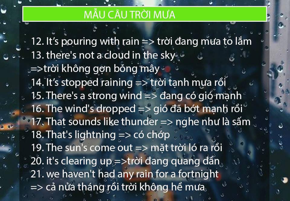 CÁC TỪ VỰNG VỀ THỜI TIẾT MƯA